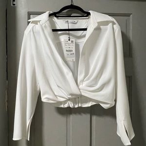 Zara white business long sleeve top chic